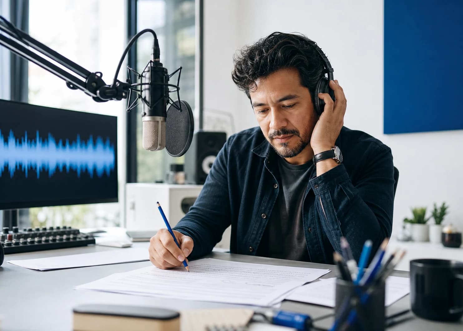 Audio director refining narration tone and pacing from a script