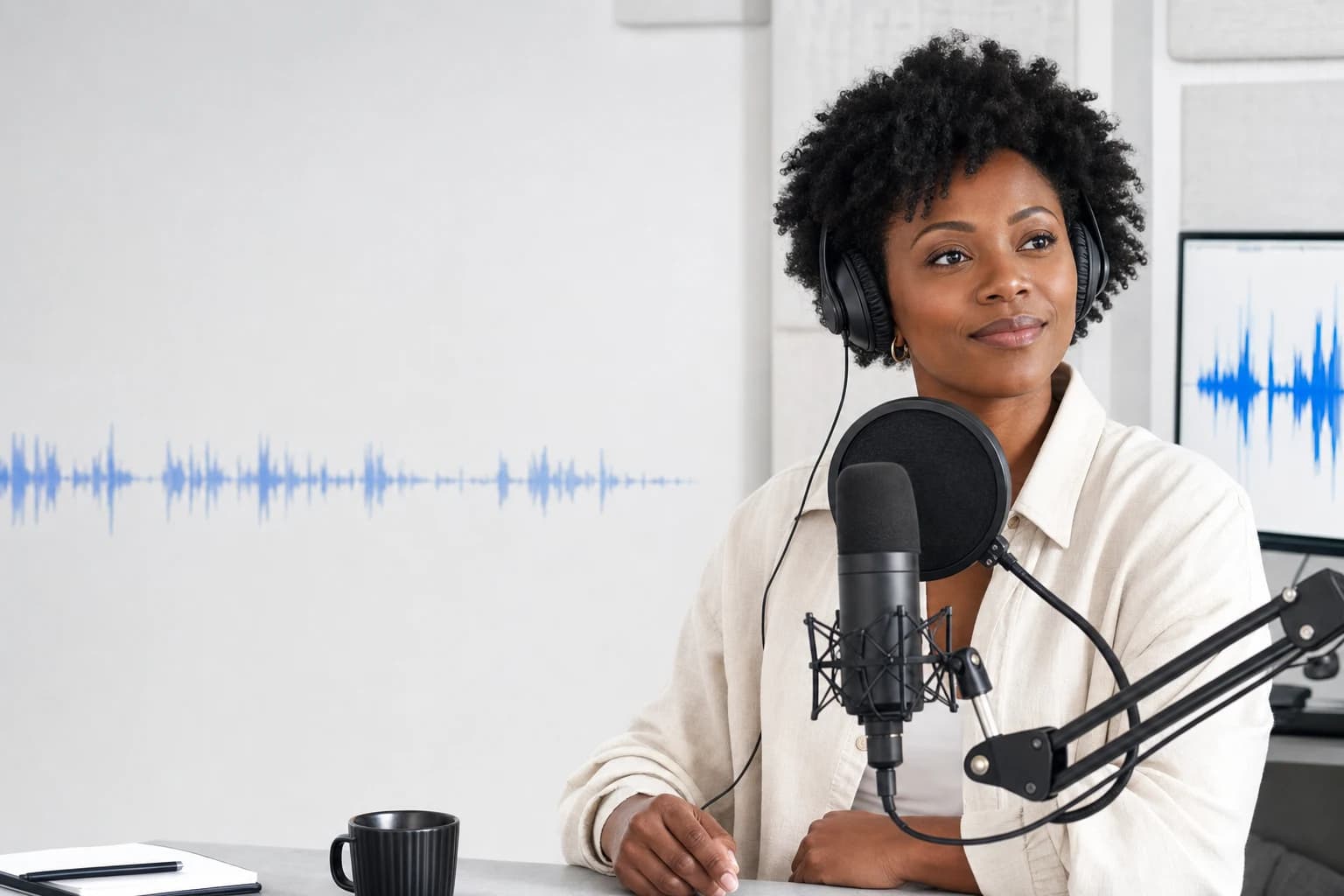 Voice creator recording expressive narration in a modern studio