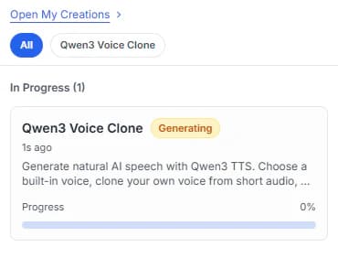 Qwen3 Voice Clone generation progress in My Creations