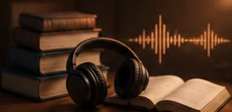 Headphones and books for an audiobook narration prompt